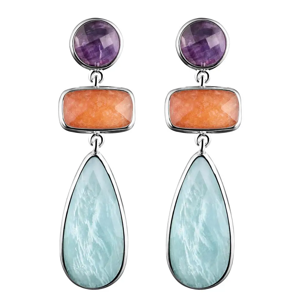 

DORMITH real 925 sterling silver earrings natural purple fluorite red aventurine amazonite drop earrings for women fine jewelry