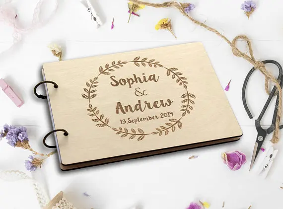 

Wedding Guest Book Alternatives-Personalized Name And Date With Wreath- Engraved Rustic Wooden Wedding Guestbook-Photo Album