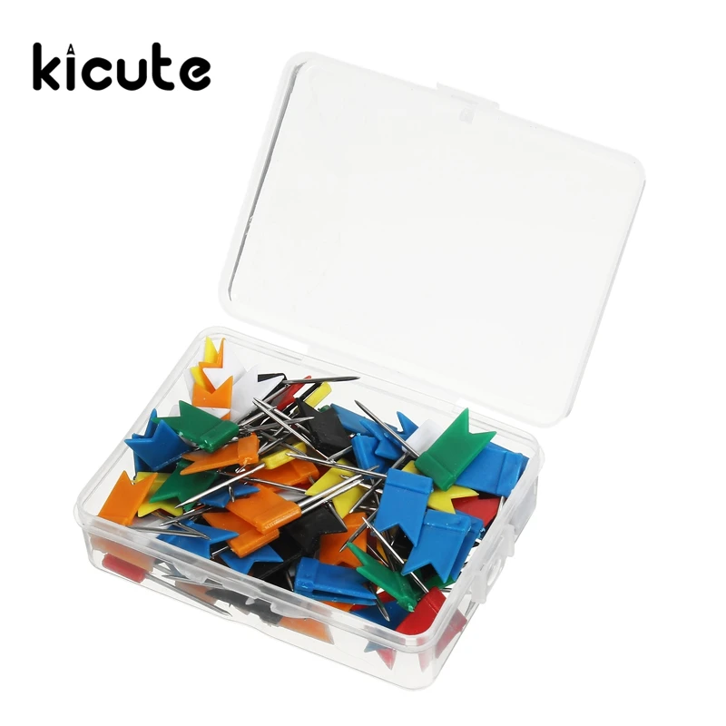 Kicute 100 шт./лот, флаги, нажимные шпильки, пробковая доска, карта, булавки для рисования, для дома, школы, офиса, канцелярские принадлежности, разные цвета