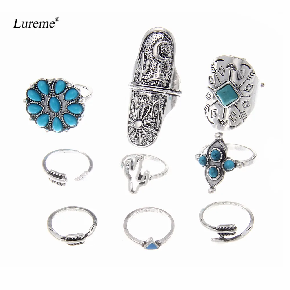 Lureme Vintage Silver Arrow Flower Green Stone Cactus Joint Knuckle Nail Midi Ring Set of 9 Rings for Women (rg001826) | Украшения и