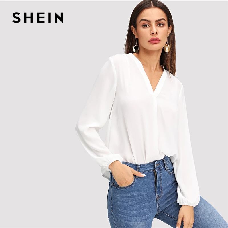 SHEIN белый v-образный вырез Простой Топ рабочая одежда современные женские пуловеры с длинным рукавом Блузка осень богемные рабочие элегантные блузки в стиле офисной леди