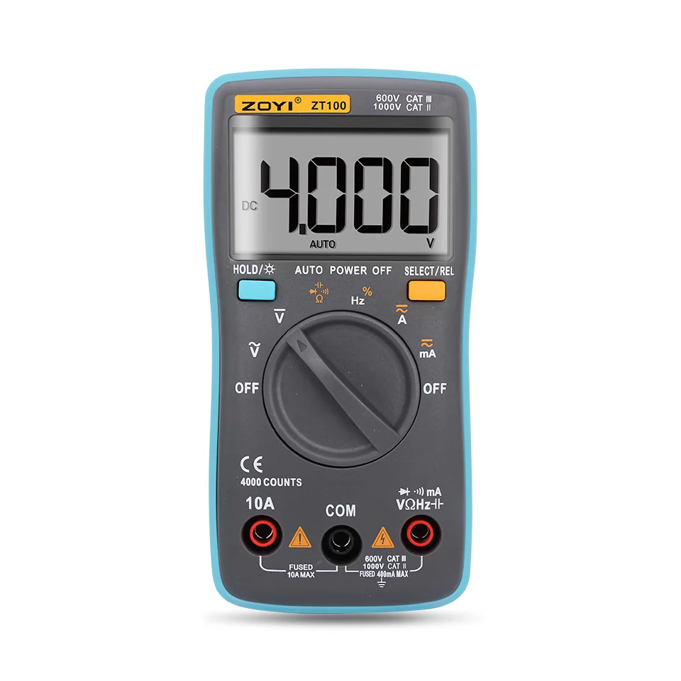 

ZOYI ZT100 Multimeter 4000 counts Back light AC/DC Voltage Ammeter Voltmeter Ohm 9.999MHz Frequency Diode
