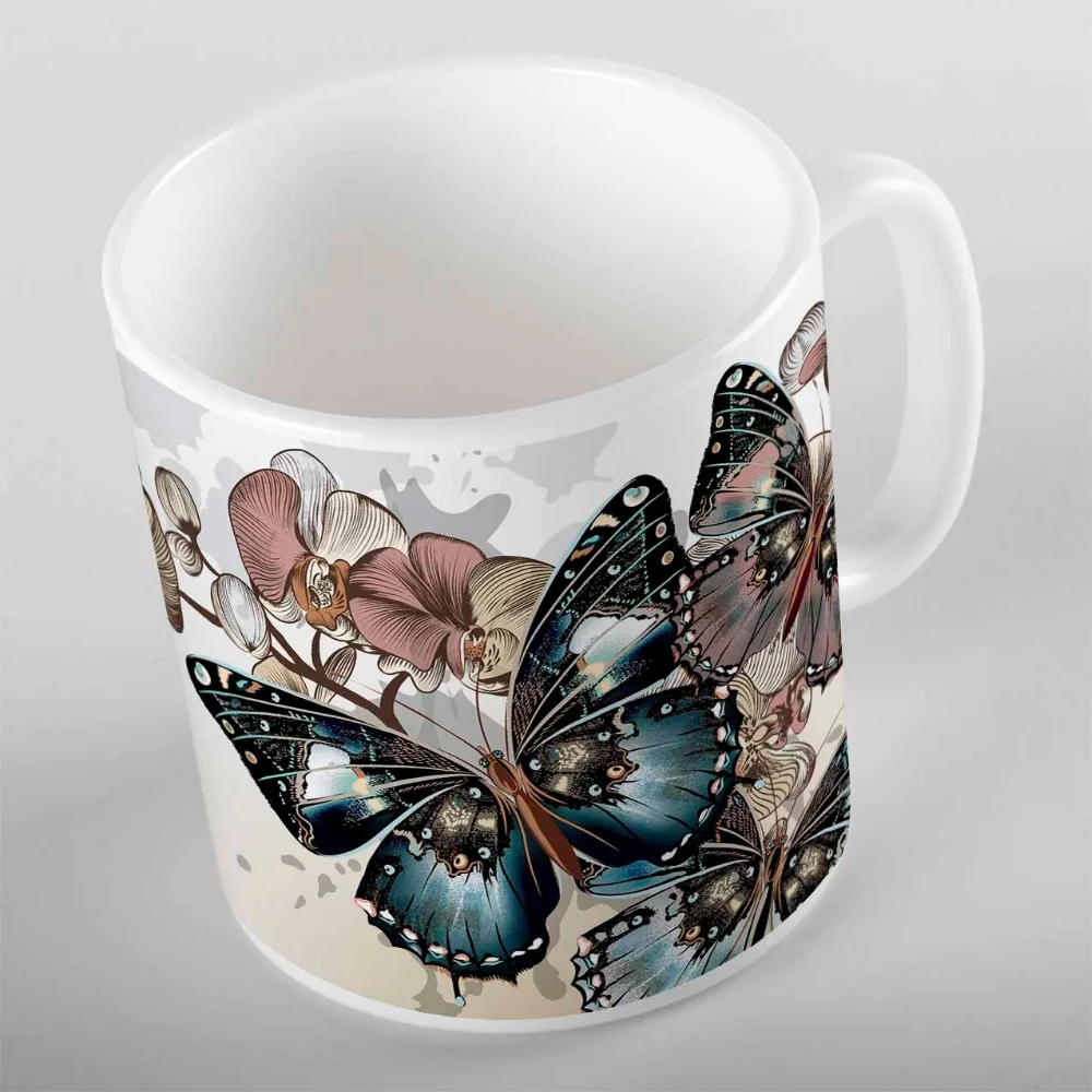 Фото Else Brown Cream Flowers on Branch Big Blue Butterfly 3d Print Gift Ceramic Drinking Water Tea Bear Coffee Cup Mug Kitchen |