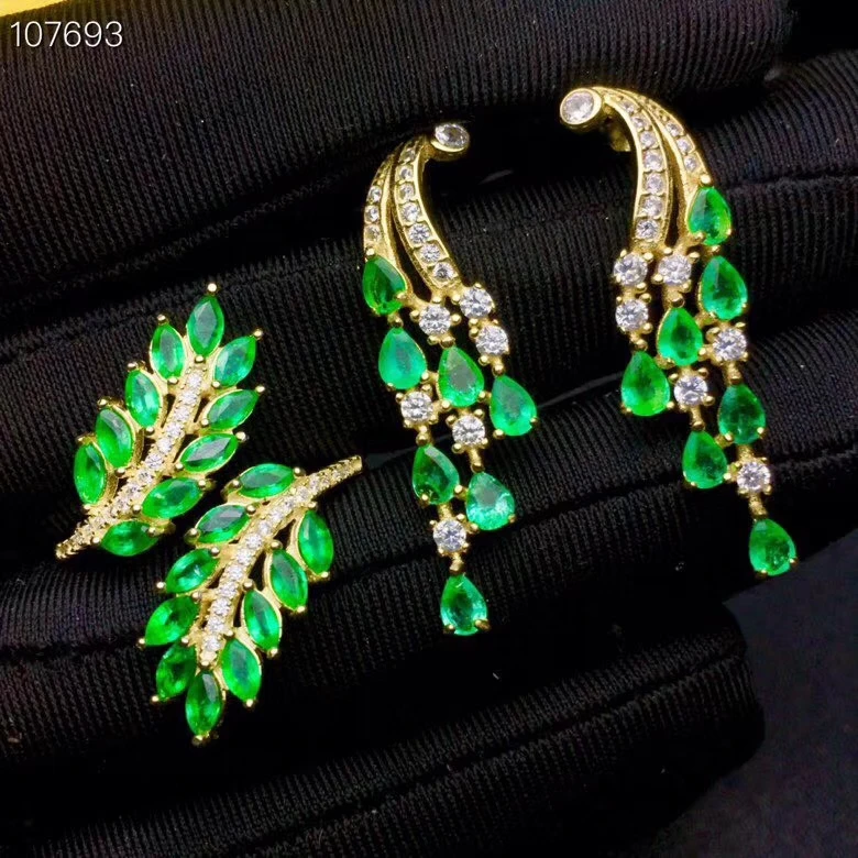 KJJEAXCMY Fine Jewelry 925 с инкрустацией, из чистого серебра натуральный изумруд женские серьги кольцо набор из 2 комплектов для поддержки обнаружения