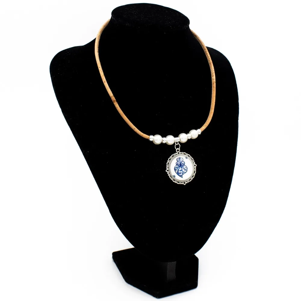Natural cork with blue traditional ceramic tile color pattern handmade necklace N-181 | Украшения и аксессуары