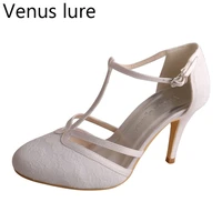 venus lure custom handmade women high heels t bar lace wedding bridal shoes closed toe