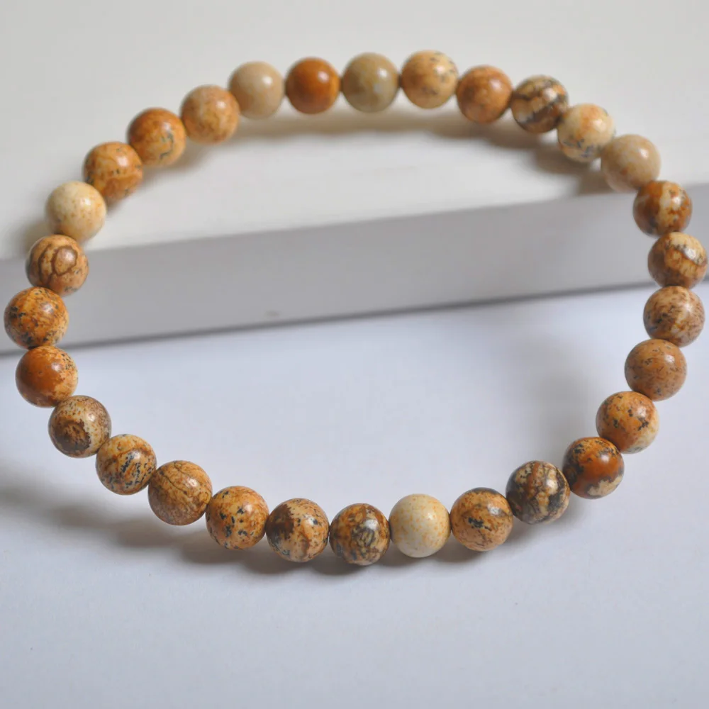 

6MM Picture Stone Beads Bracelet Bangle Stretch 7.5 Inch Jewelry For Woman Gift G639