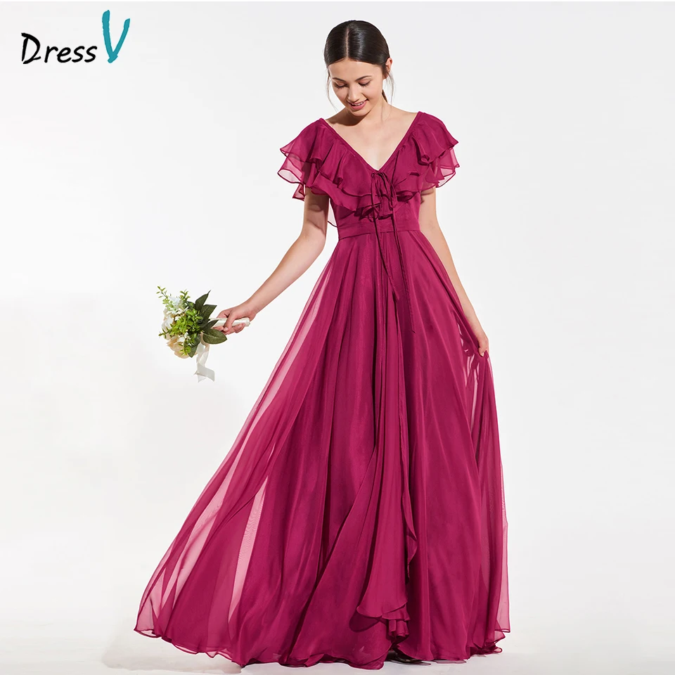 

DressV Women Wedding Party Dress Elegant Burgundy Sleeveless Ruffles Floor Length Bridesmaid Prom Evening Dresses Vestidos robe