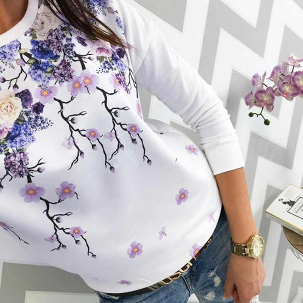

Fashion Women Loose T-shirt Long Sleeve Flower Letter Print Casual O-neck T-shirt women sweater с цветочным принтом 2020hot