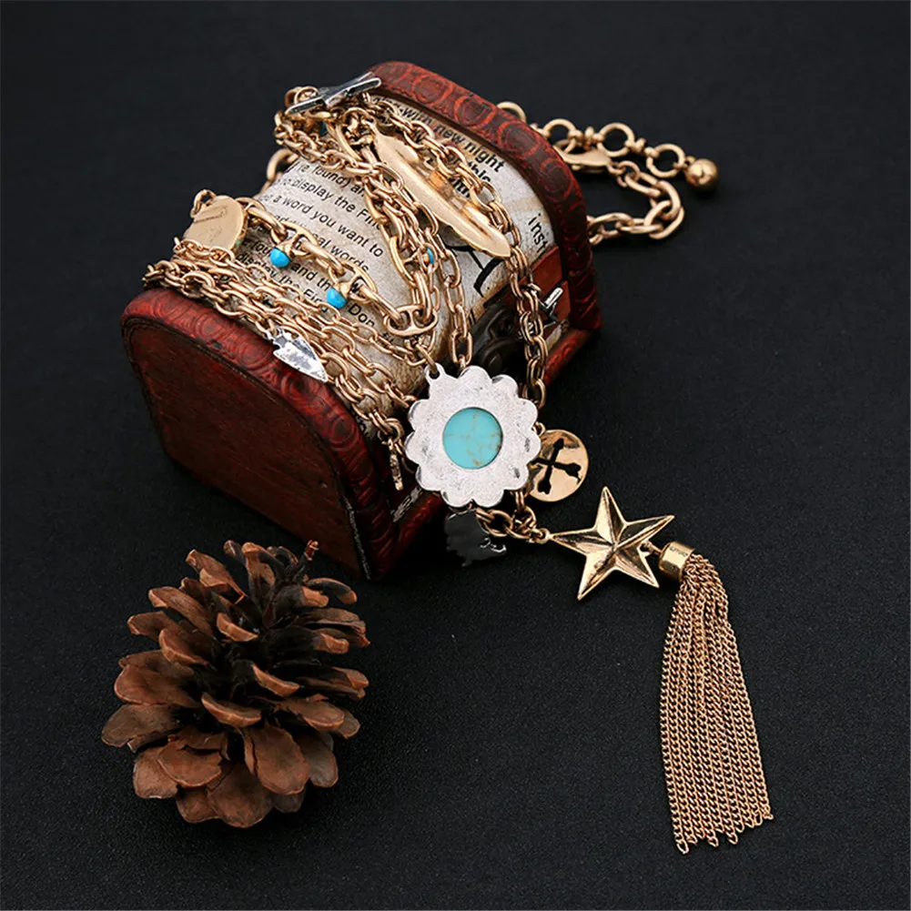 Винтажное многослойное ожерелье Lureme Boho с синим камнем цветком кисточкой