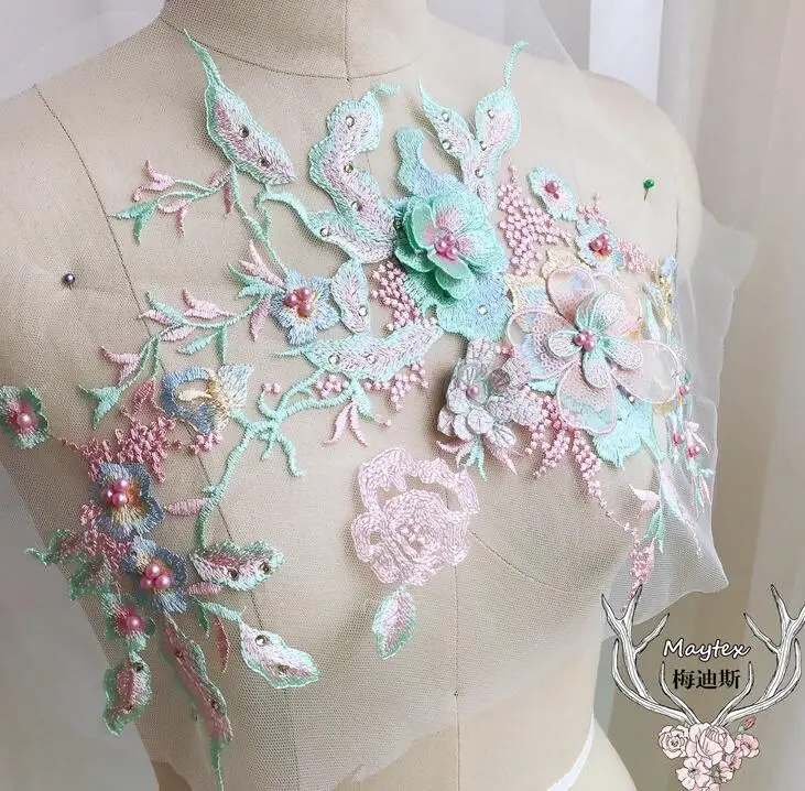 2 Pieces 33*28cm Pink Green Beaded Rhinestone Lace Applique Costume Evening Dress Clothing Accessories Pearl Trims Patches | Дом и сад
