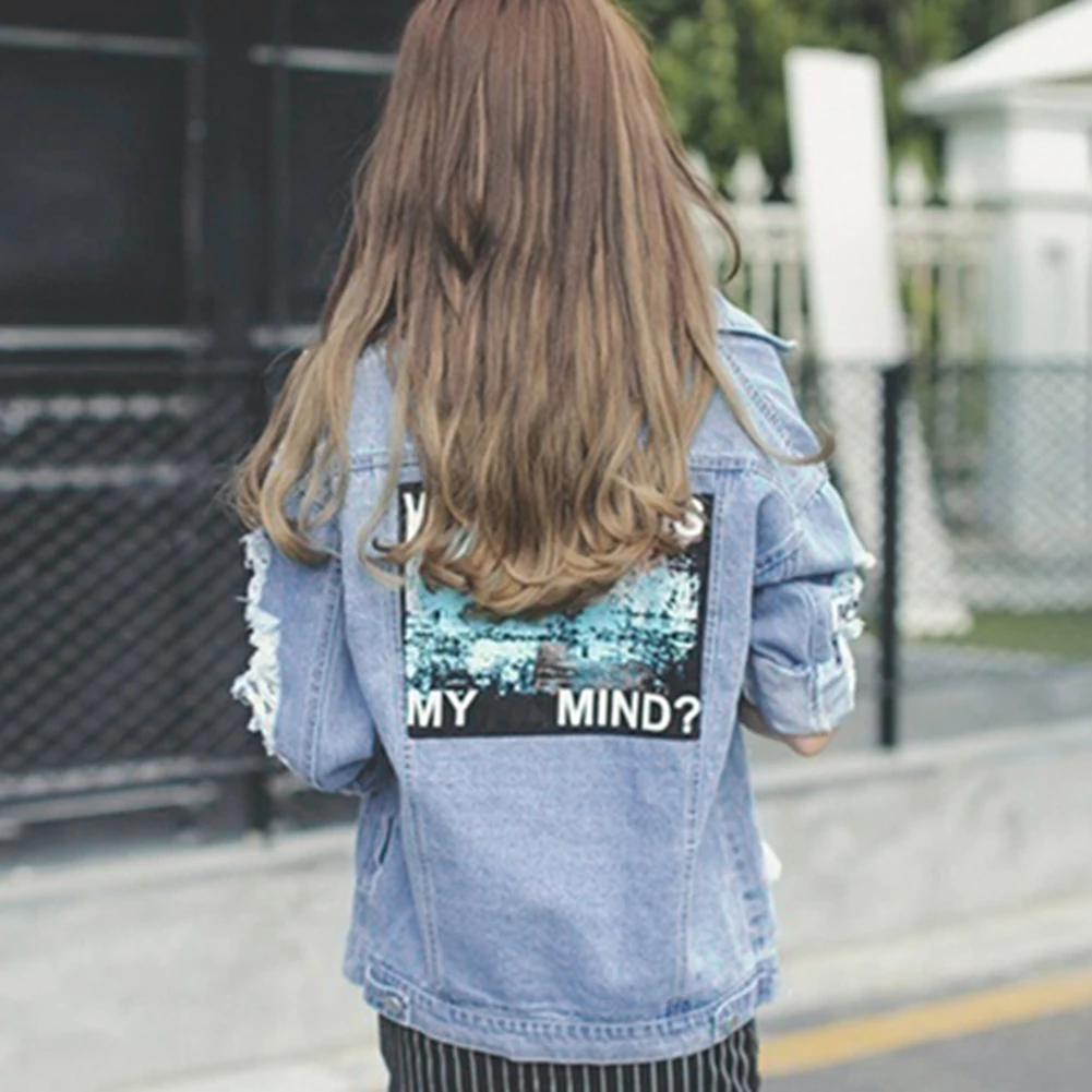 Модные потертые с длинным рукавом Письмо печати Patch Denim Jacket Для женщин рваные