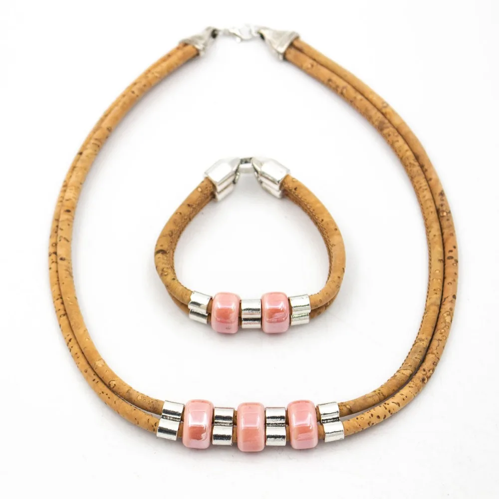 Natural Cork red porcelain beads set women original jewelry Handmade eco materials woode SET-072-B | Украшения и аксессуары
