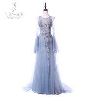 jusere a line off the shoulder sleeve charming long prom dress with lace appliques beaded evening dresses