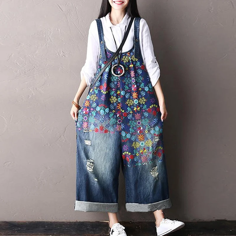 YESNO PF1 Женские повседневные джинсы джинсовые комбинезоны с цветочным принтом