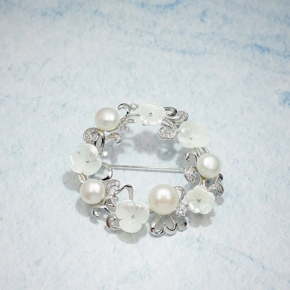 Romantic Zircon Flower Brooch Safety Pins Fashion Jewelry Shell Freshwater Pearl Brooches for Women Girls Wedding Gift | Украшения и