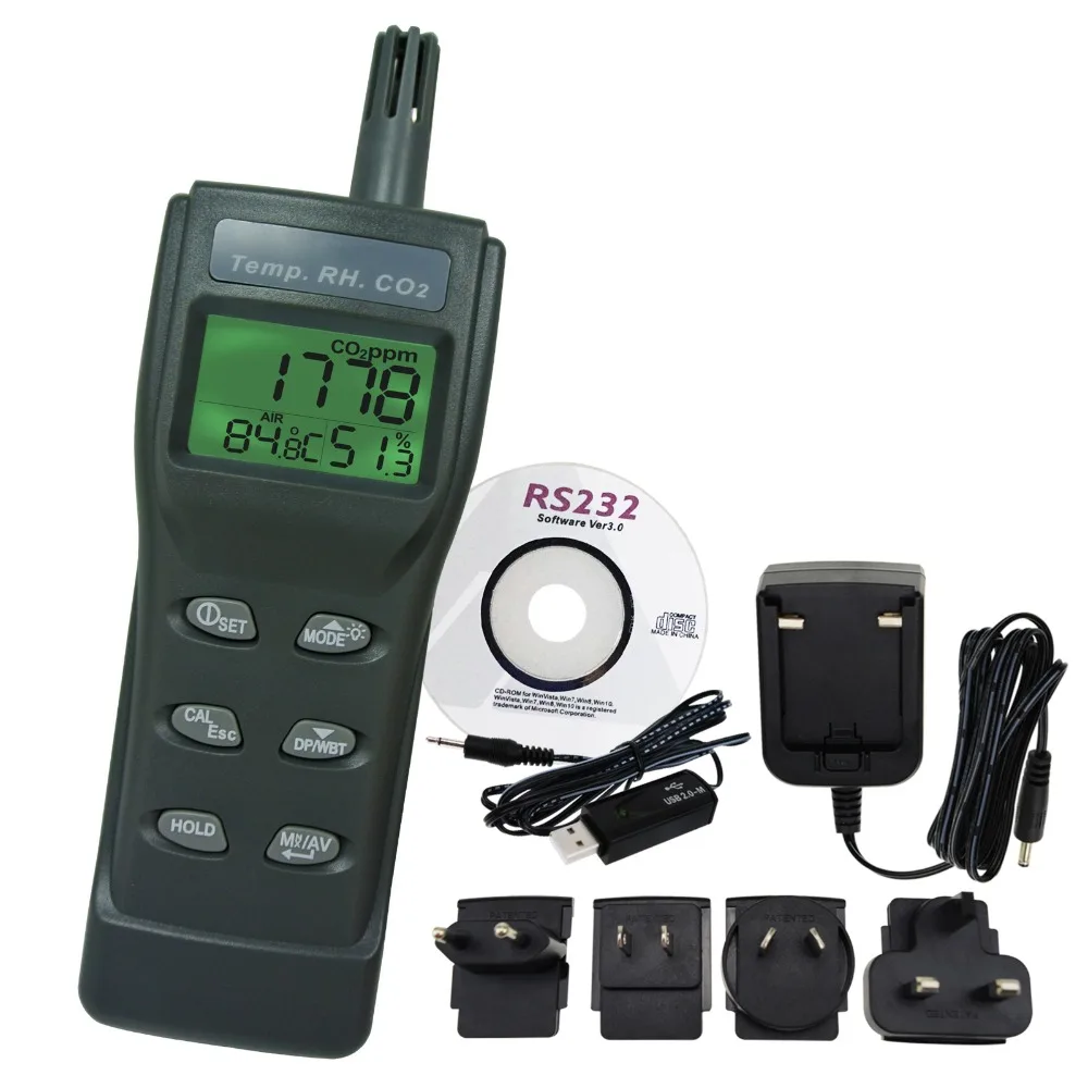 

Digital CO2 w/ PC Software Recording Analyzer, RH & Temp, Wetbulb, Dewpoint Monitor Indoor Air Quality Sensor Meter