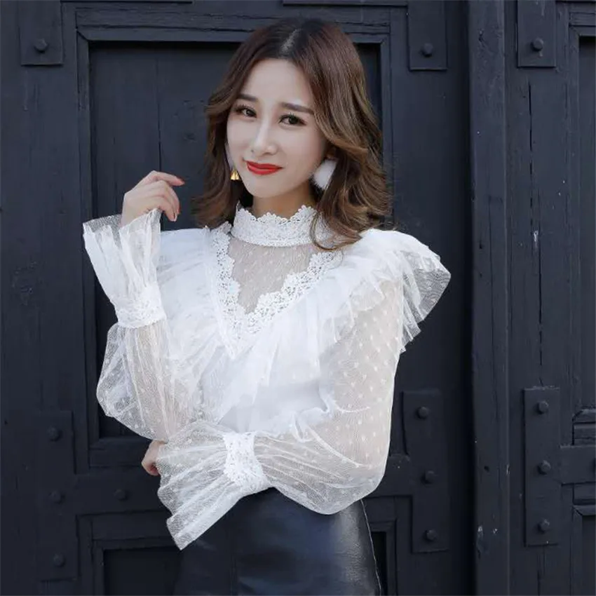 

2020 New Summer White Women Lace Blouse Sweety Girl Mesh Shirt Spring Flare Sleeve Turtleneck Blousas Basic Tops Bottomings Z320