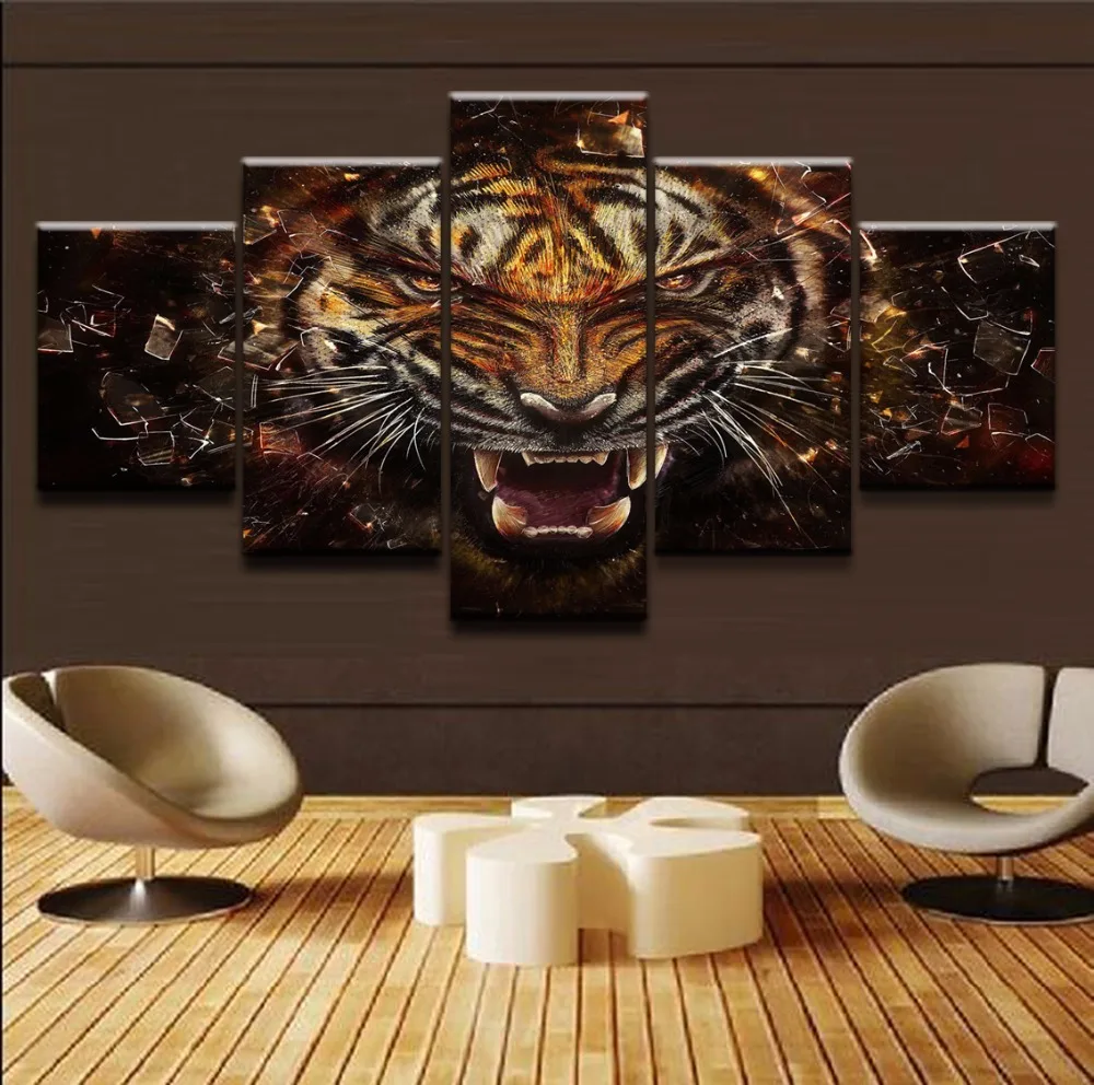 Холст HD принты модульные дома декоративные 5 шт. картины тигра постер животного