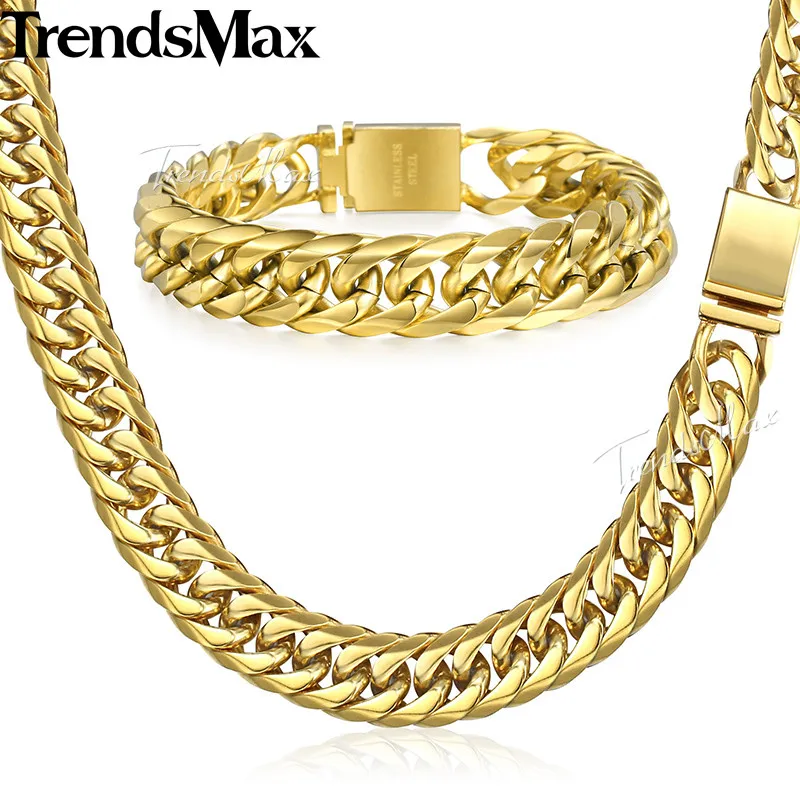 Trendsmax, хип-хоп, Iced Out, проложенные Стразы, кубинская цепочка, мужское ожерелье, браслет из нержавеющей стали 316L, золото, серебро, 16 мм, KHSM04