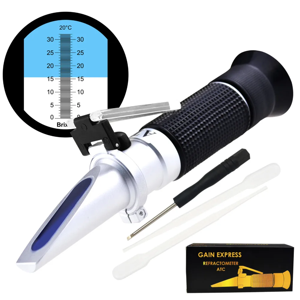 

0-32% Brix Refractometer ATC High-Concentrated Sugar Solution Content Test Tool 0.2% Division, Brandy Beer Fruits Vegetables