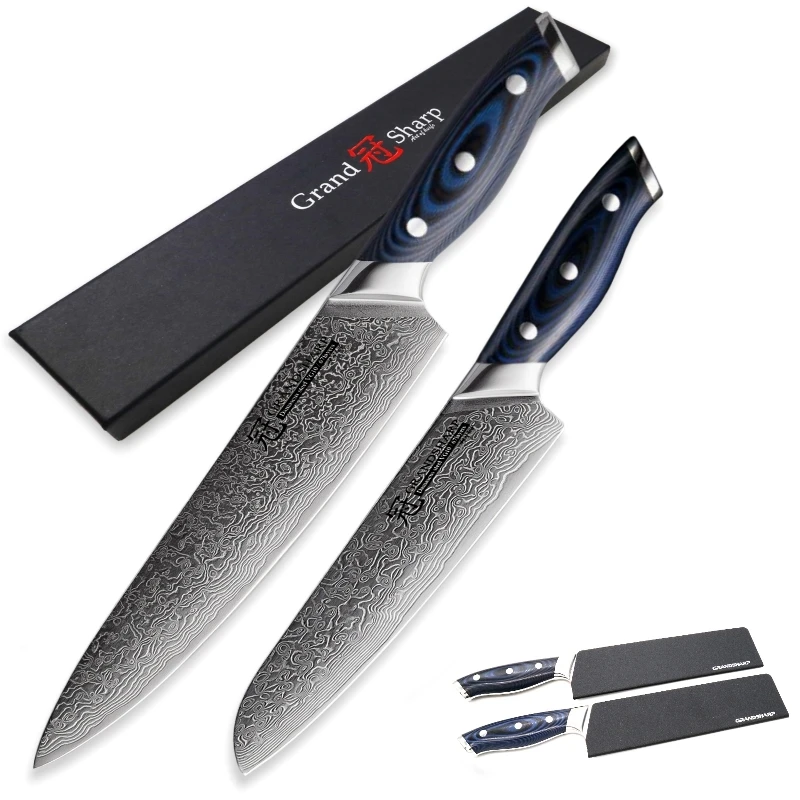 Набор ножей из дамасской стали GRANDSHARP 2 шт. 67 слойная японская Дамасская сталь vg10