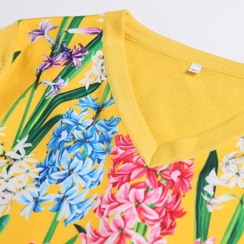 2019 Spring Runway Fashion Pullover Sweater Women V-neck Long Sleeve Yellow Flowe Print Wool knitted Top | Женская одежда