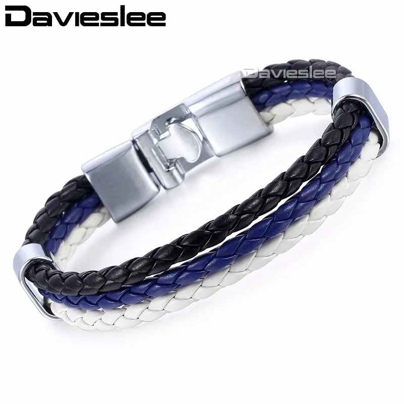 Мужской кожаный браслет с цепочкой Davieslee черный темно синий белый LLB694|leather