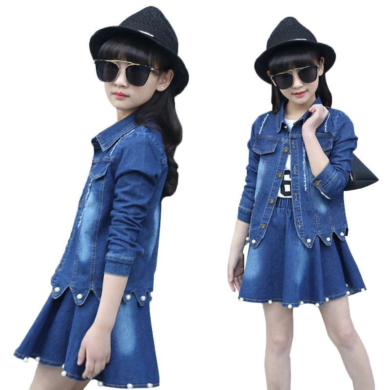 YOOY 2018 Jean Clothing Sets Girls Clothes Kids Denim Jacket+Dress Set Casual Children Autumn Solid Coat+Vestido Suit | Детская одежда