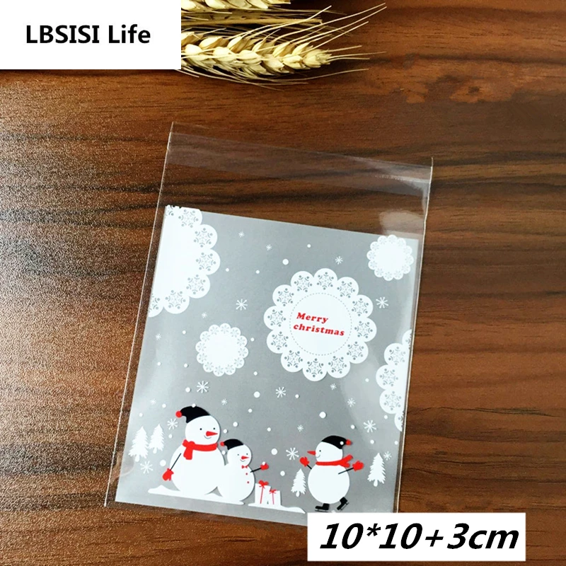 100pcs 10x10+ 3 см красочные веселые Снеговик на Рождество Пластик сумки шоколадные конфеты суп печенья упаковывая мешок самоклеющиеся пакеты