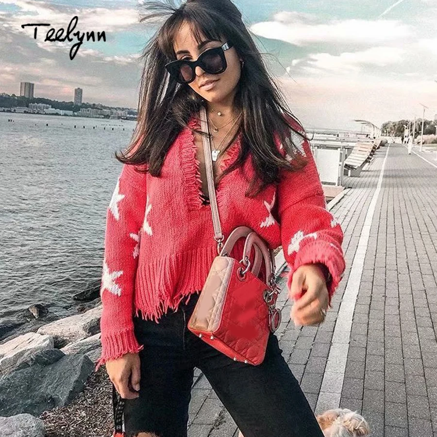 TEELYNN сплошной Бохо свитер 2018 Осень Длинные рукава Пуловеры sexy глубокий v-образным