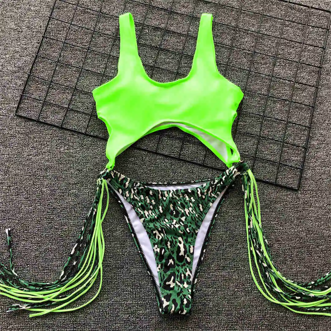 Green Leopard Новая женская одежда для плавания, Цельный купальник с вырезами на животик, женский купальник с кисточками, купальник с высокой посадкой, купальник для женщин V1227 - Цвет: Green Leopard