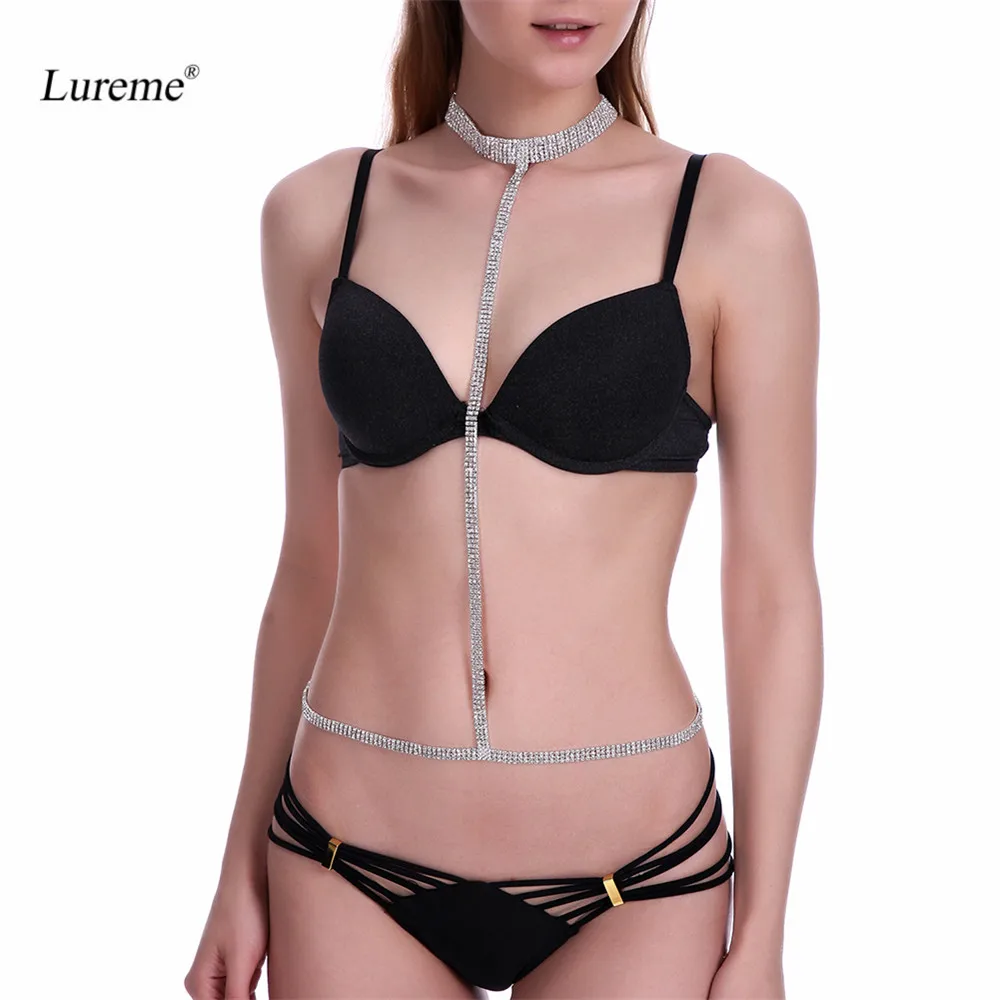 

Lureme Simple Silver Tone Chain Pave Crystal Bikini Crossover Harness Necklace Body Chain (bc000010)