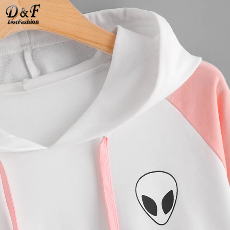 Dotfashion, цветная, с принтом инопланетян, укороченная толстовка, женская, повседневная, осенняя, с капюшоном, с длинным рукавом, пуловеры, для девушек, весна, консервативный Свитшот
