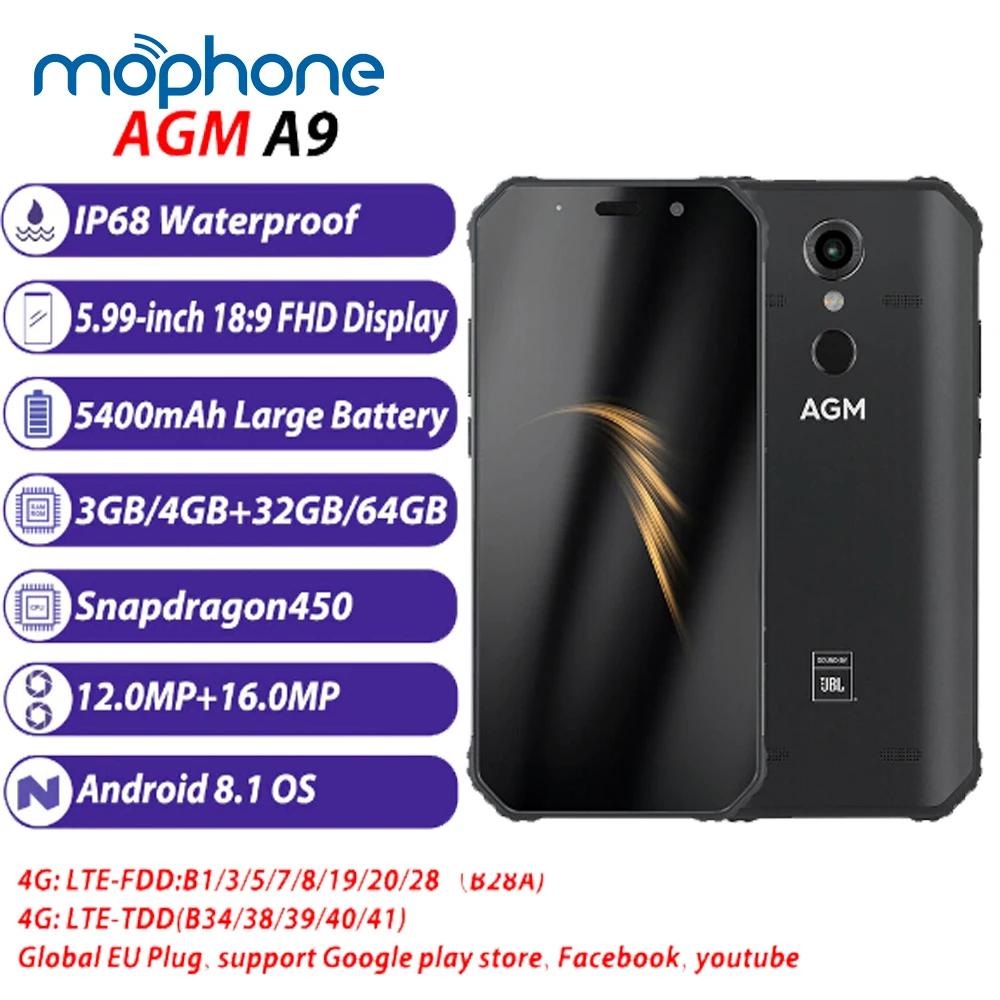 AGM A9 прочный 4G мобильный телефон с функцией IP68 Водонепроницаемый 5400 мАч 3 ГБ + 32 ГБ/4