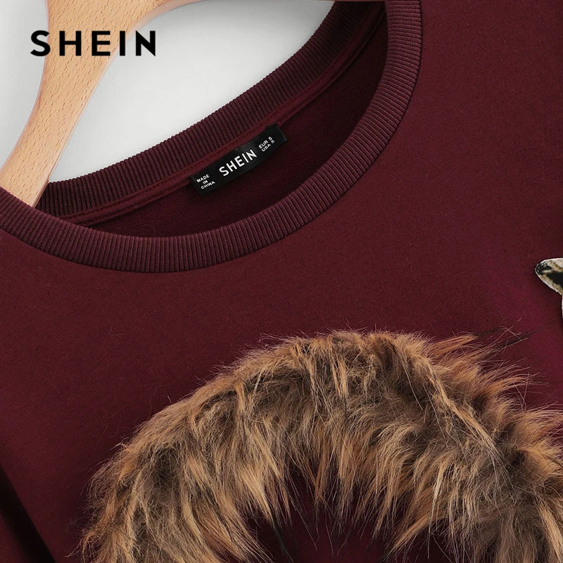 SHEIN Свитшот С Меховой Вставкой И Аппликацией, Однотонный Свитшот С Графическим Принтом