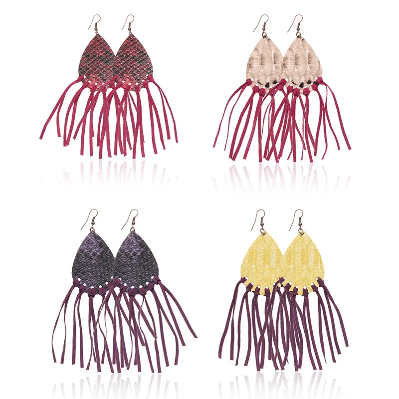 Женские серьги из искусственной кожи со змеиным принтом подвески с кисточками