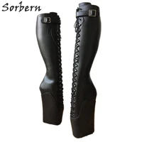 sorbern ballet wedge lace up knee hi boots women plus size 45 heelless hoof strap fetish shoes women custom dominatrix black
