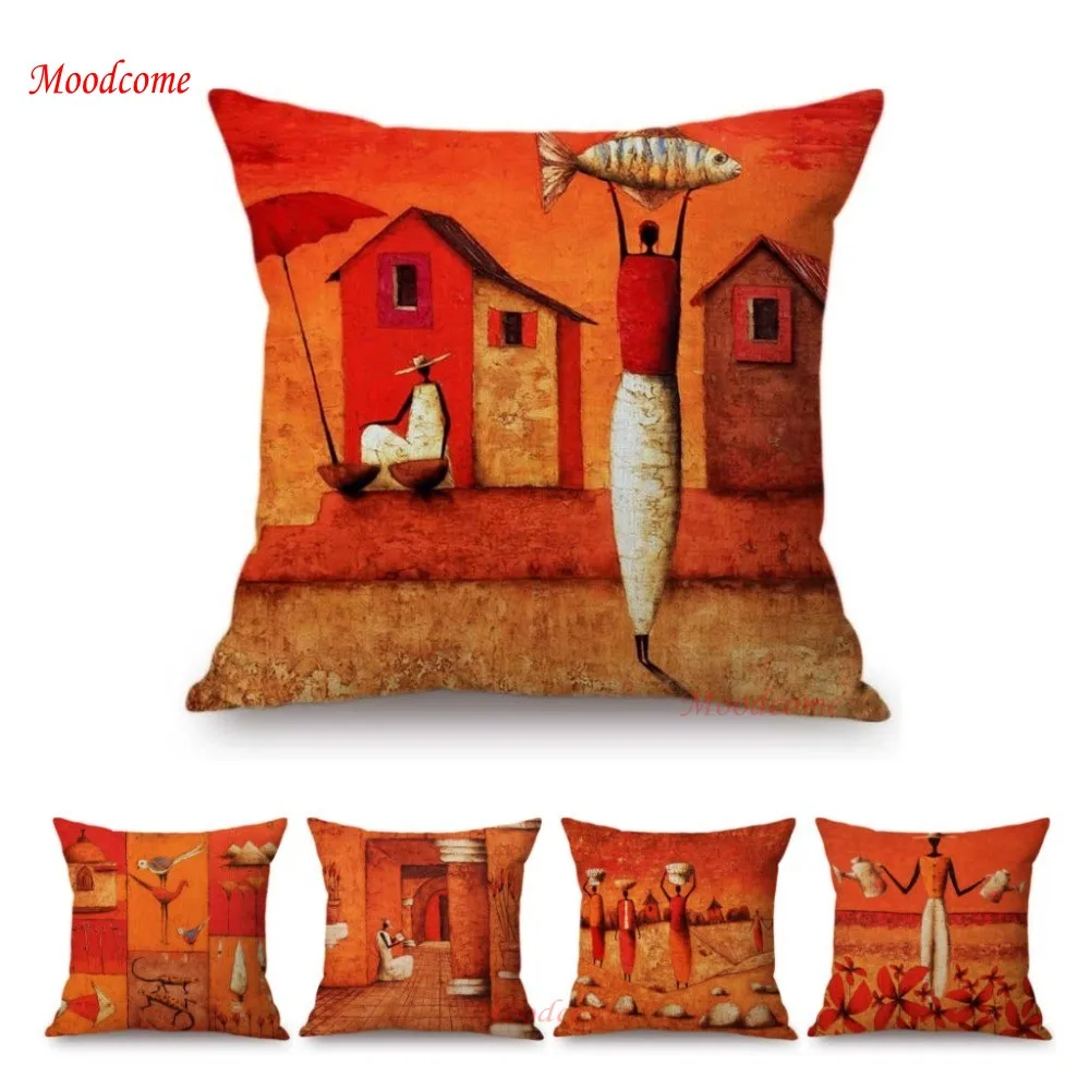 2019 Africa Impression Paintin Antique Red Decoration Throw Pillow Orange African Life Dancing Cartoon Art Linen Cushion Cover | Дом и сад