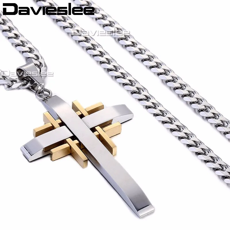 Davieslee Cross Pendant Necklace Chain for Men Stainless Steel Gold Black Silver Color Mens Necklaces Chains Jewelry LKP355 | Украшения и