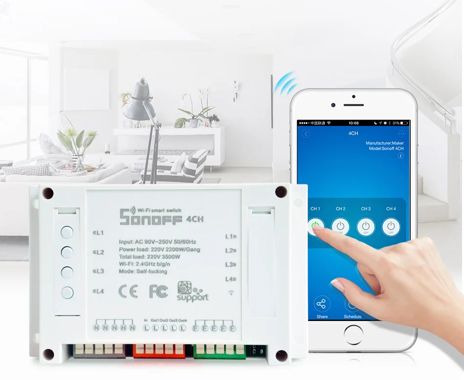 Sonoff 4ch канала Дистанционное управление Smart переключатель Wi-Fi модуль домашней автоматизации на/off Беспроводной таймер Сделай Сам переключатель din-рейку