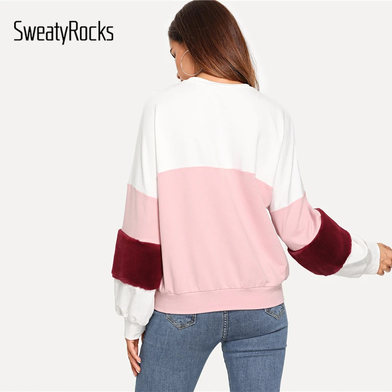 SweatyRocks разноцветная контрастная флисовая толстовка с длинными рукавами пуловеры с надписями новые осенние женские повседневные топы