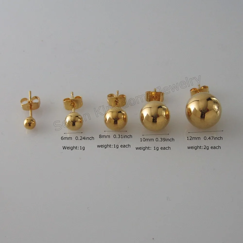 BALL SHAPED 6 SIZES AVAILABLE YELLOW GOLD PLATED STUD PLAIN SURFACE EARRING 1pair
