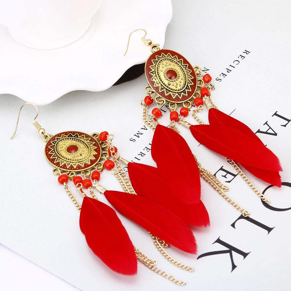 Lureme Vintage Disk with Beads Long Chain Feather Tassel Dangle Earrings for Women Ethnic Jewelry Earing (er005479) | Украшения и