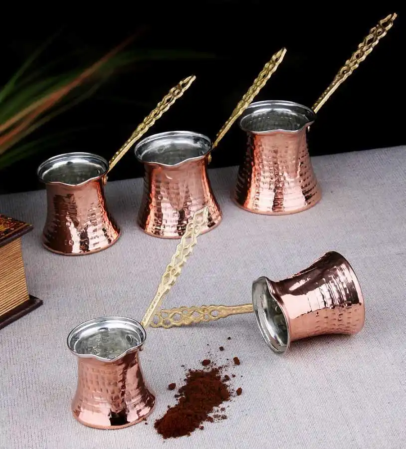 

Set of 5 Turkish Coffee Pot, Cezve, Ibrik, Hand Hammered Copper Coffee Maker