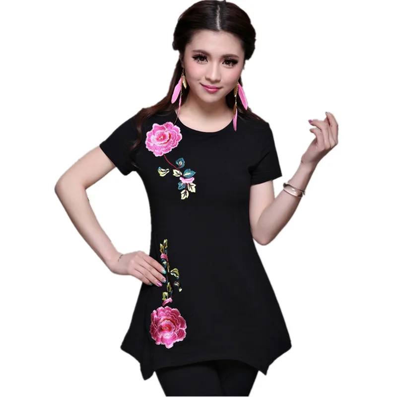 Short Sleeve Black c Весенне-летняя женская футболка 4XL с вышивкой, черные, белые, Blusas Feminina, хлопковая футболка, качественная Элегантная футболка - Цвет: Short Sleeve Black c
