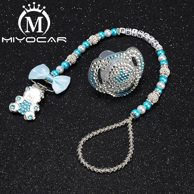 

MIYOCAR custom name bling bear pacifier clip personalized pacifier holder dummy clii with bling pacifier set unique gift SP005
