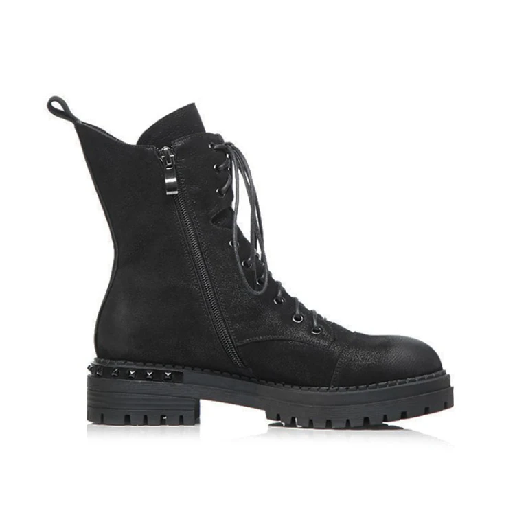 

MLJUESE 2019 women ankle boots cow leather lace up short plush winter warm fur platform boots low heel women boots