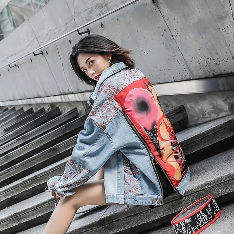 Graffiti Print Denim Jacket Women Autumn Double Zipper Armband Jeans Bomber Unisex Loose Outwear Кэжуал Feminina NZY25 | Женская
