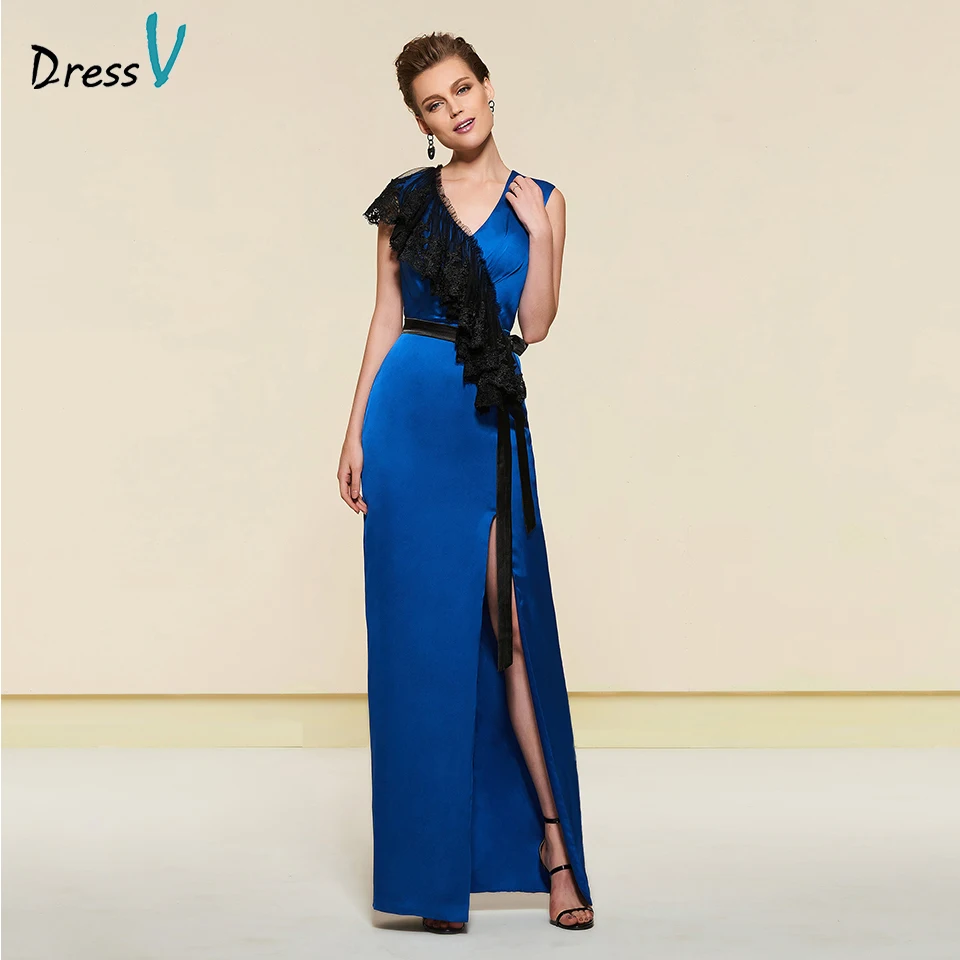Dressv элегантное джинсовое синее кружевное платье с v-образным вырезом для матери